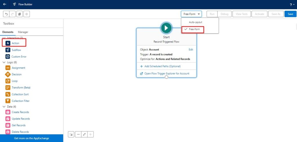 STEP- 7 After that, choose "Free Form" and drag and drop the Action (Element) from the left side of the screen.