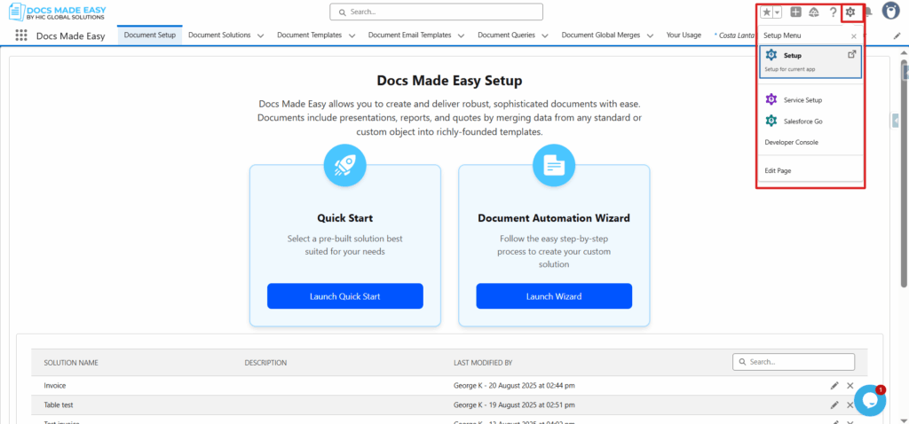 Click the setup button on the right side of the screen.