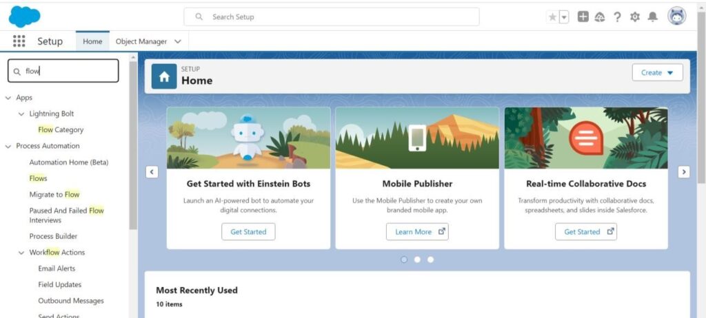 You will see a homepage like the one below; on the left side, use Quick Find to search for "FLOW